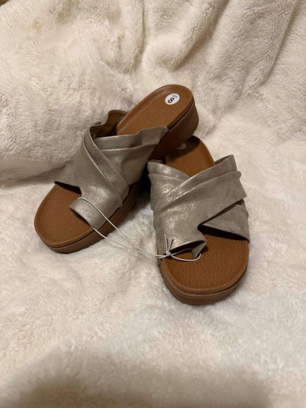 BareTraps Taupe Metallic Crisscross Slip-On Mules